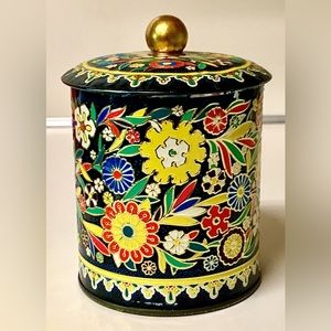 Vintage Multicolored Floral Embossed Metal DAHER England Lidded Storage Tin